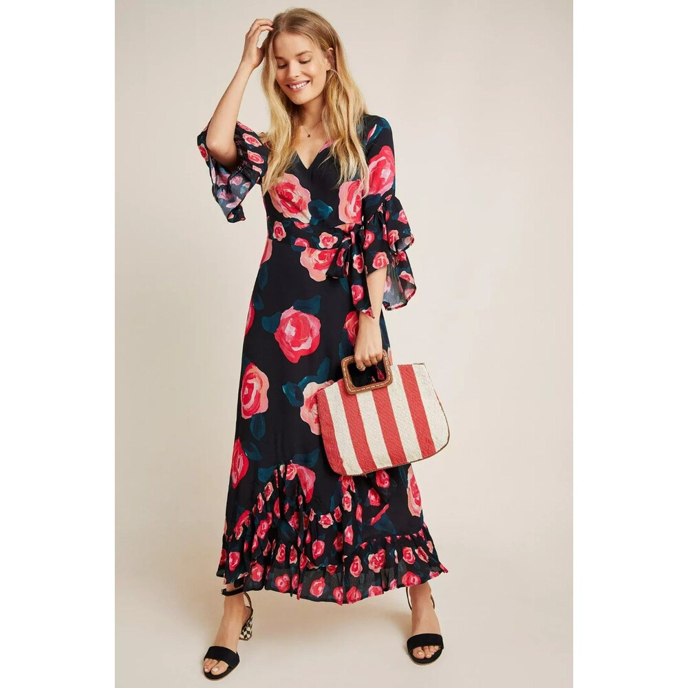 Bl-nk London Anthropologie Verona Rose Floral Ruffle Wrap Maxi Dress Size 1X